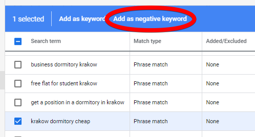 Adding negative keyword