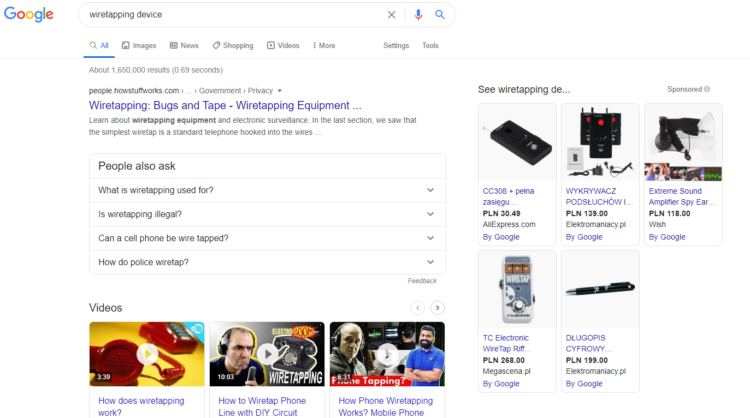 a screenshot of a search result page with wiretapping devices ads 