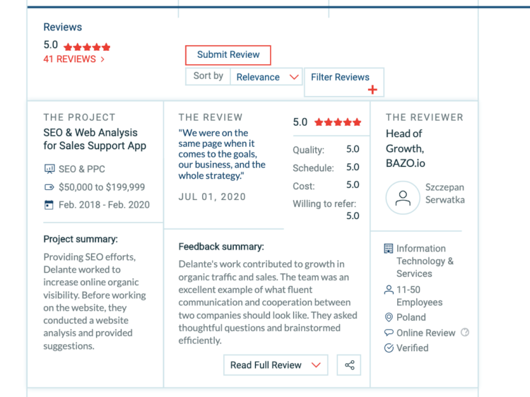 a screenshot showing the customer review on the Delante's Clutch profile 