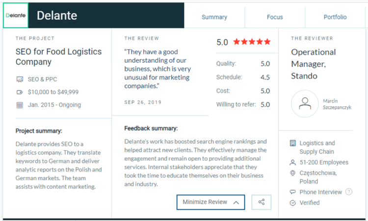 sample business review in SEO for Delante.co