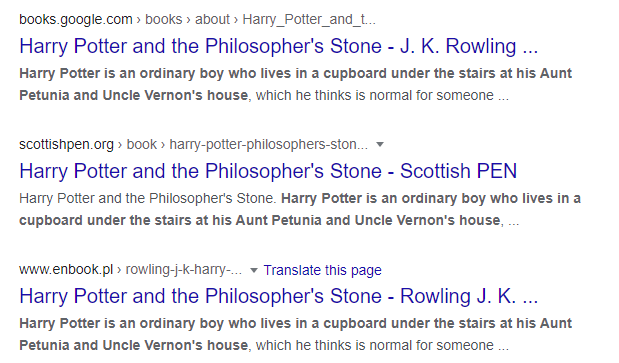 SERP for Harry Potter first sentence search 