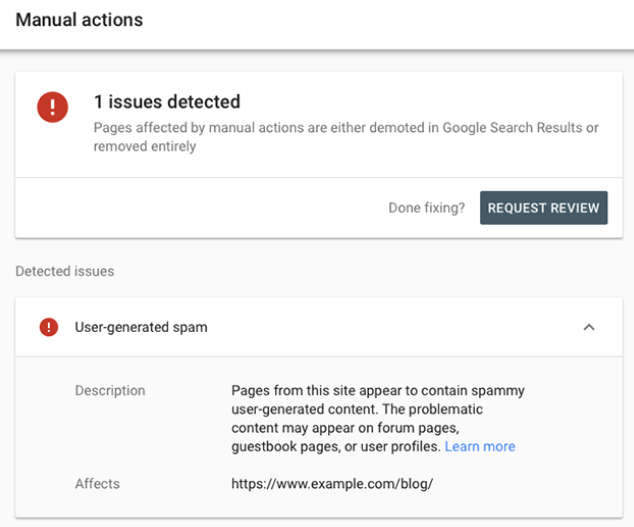 google manual action detected information