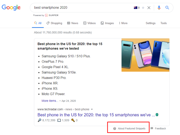 screen capture of the top Google search result showing a featured snippet