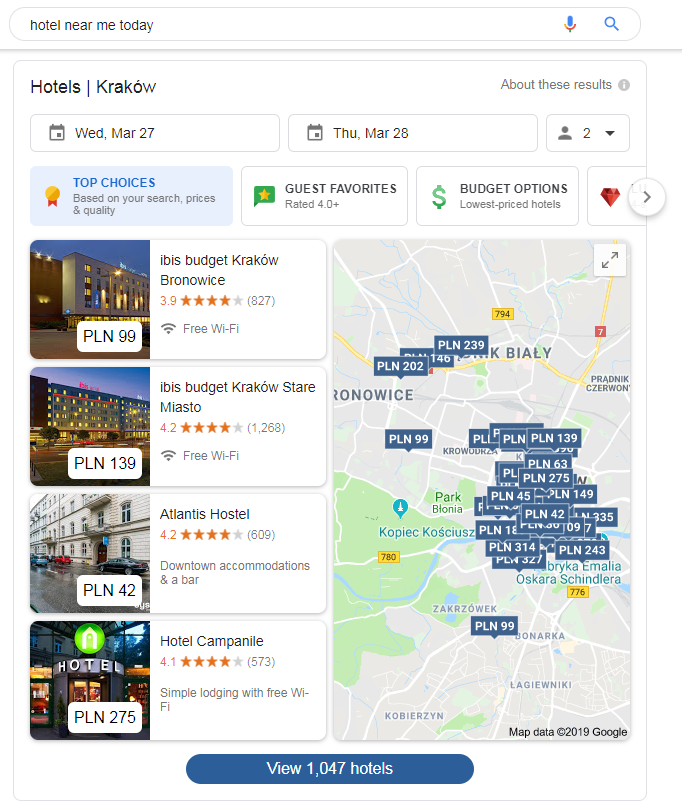 Hotel near me tonight query search results