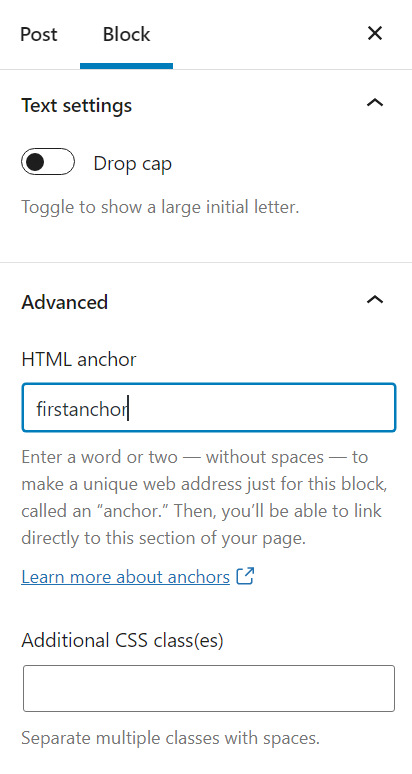 how to add an anchor on wordpress 