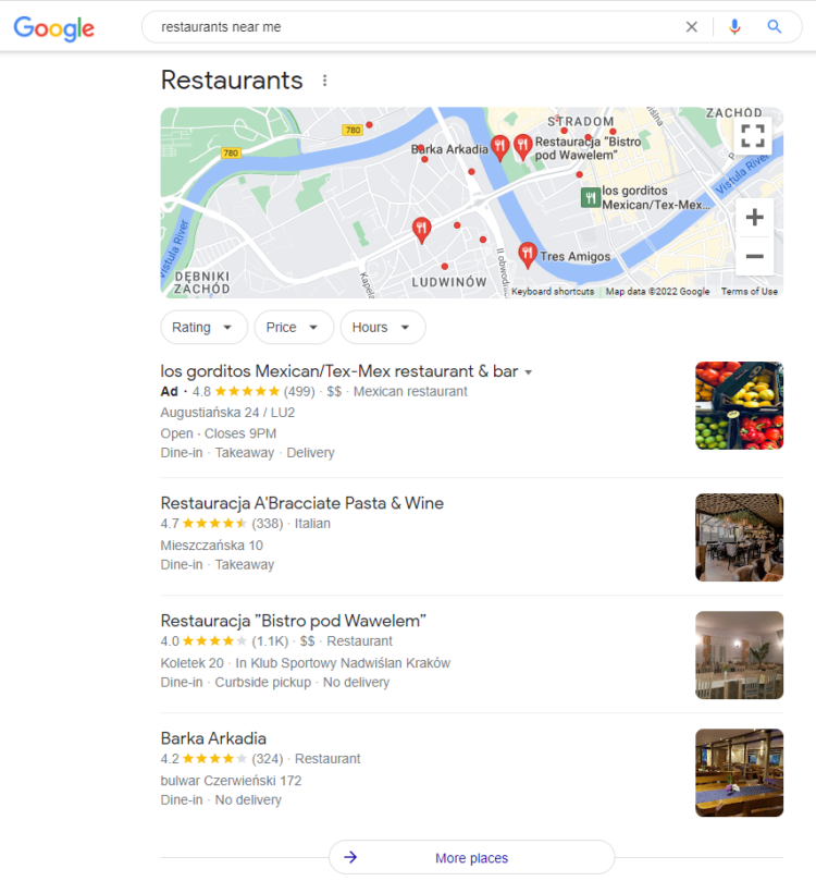local seo in serps restaurants near me example