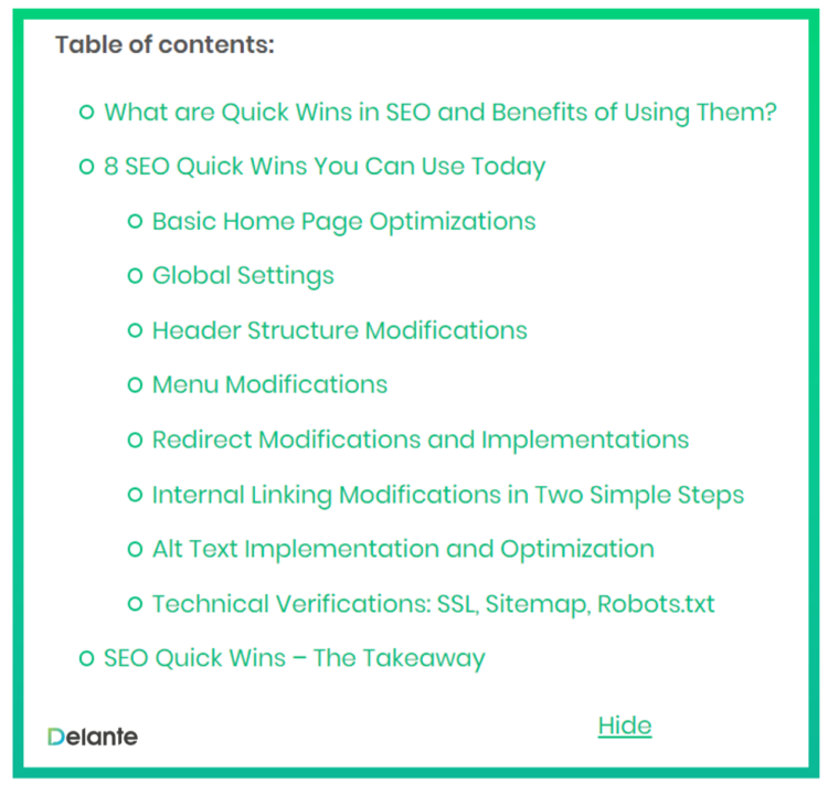 on page seo checklist table of contents