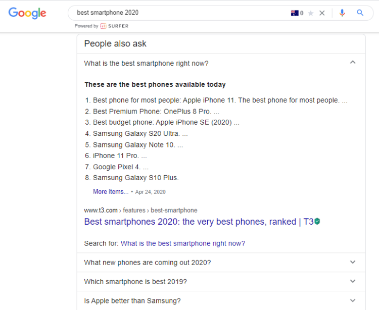 screen capture showing the featured snippet of results in Google’s People Also Ask section