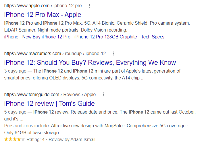 Product reviews showed in search results with structured data