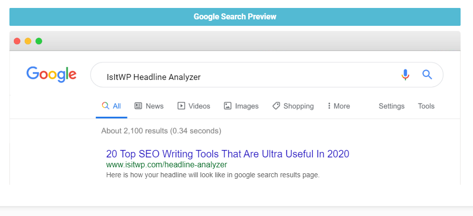 a screenshot from IsItWP Headline Analyzer - showing how the headline looks on Google search result