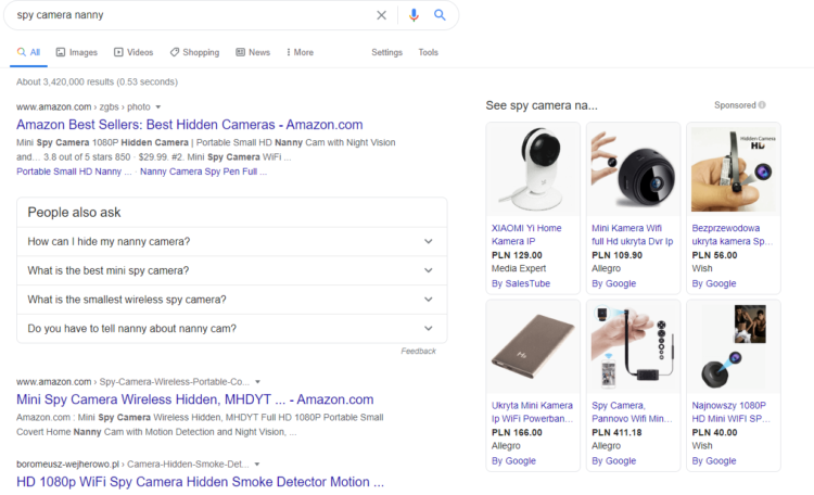 search result page with spy camera ads