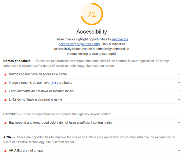 Lighthouse website accessibility report